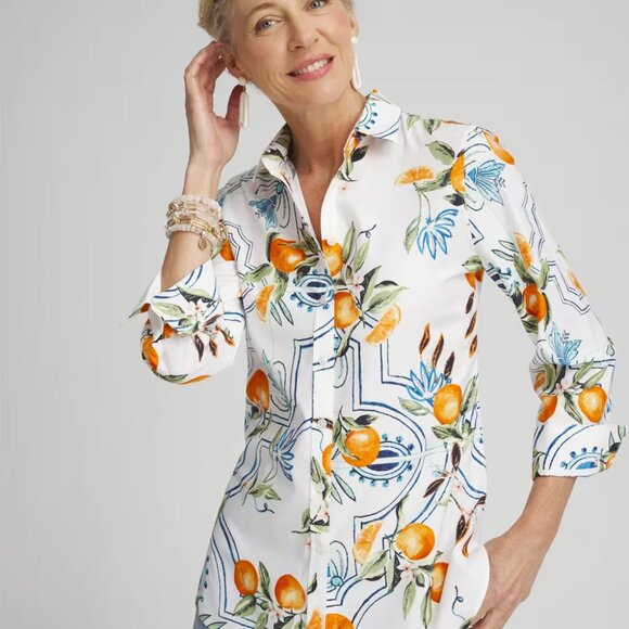 Chico's Island Oranges Tile Button Down Shirt 6 - Picture 1 of 16
